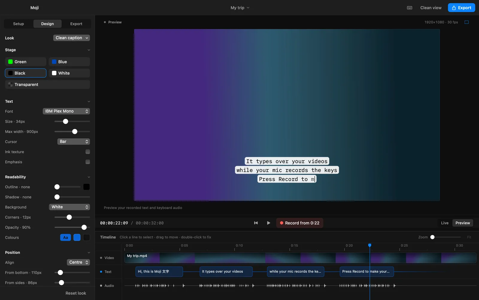 The Moji window: settings on the left, the video with typed text in the middle, and a timeline of typed lines and keyboard sound along the bottom