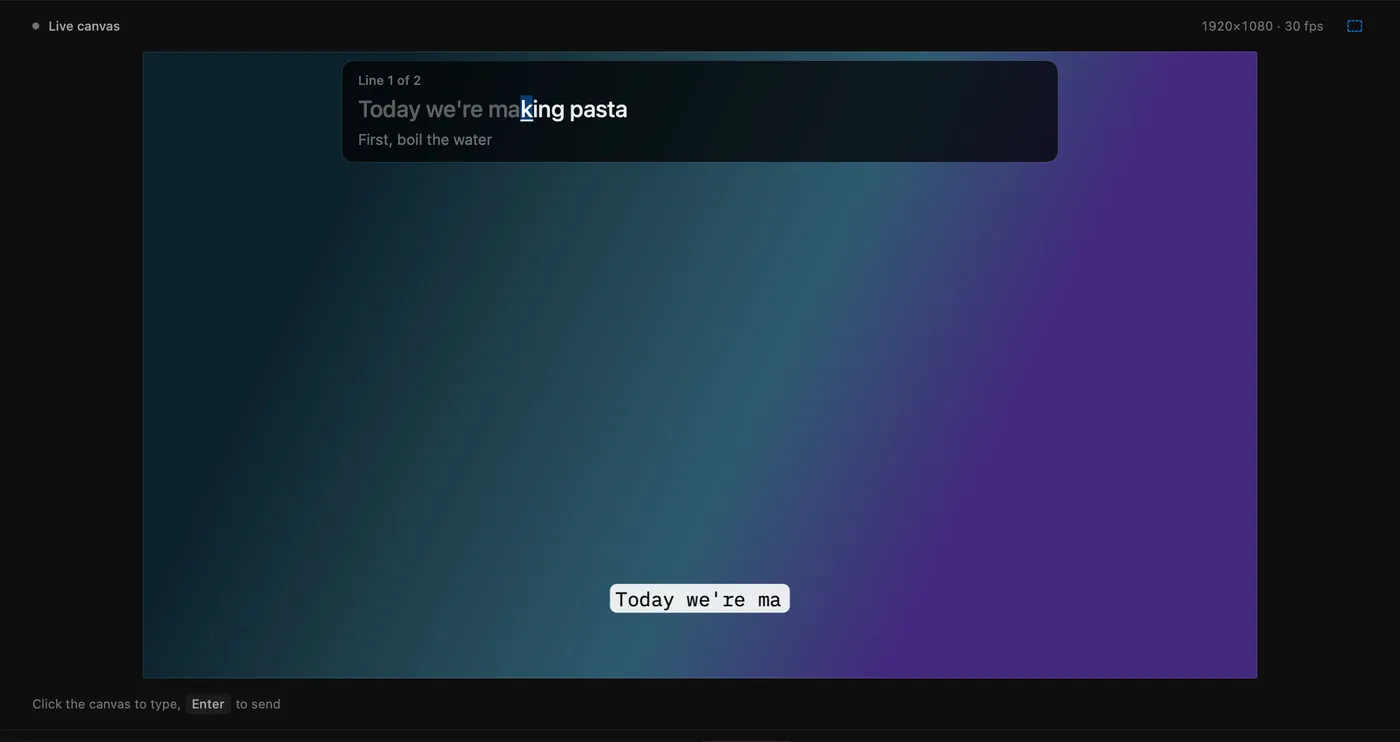 The prompter over the video showing the current script line, with the next letter to type highlighted